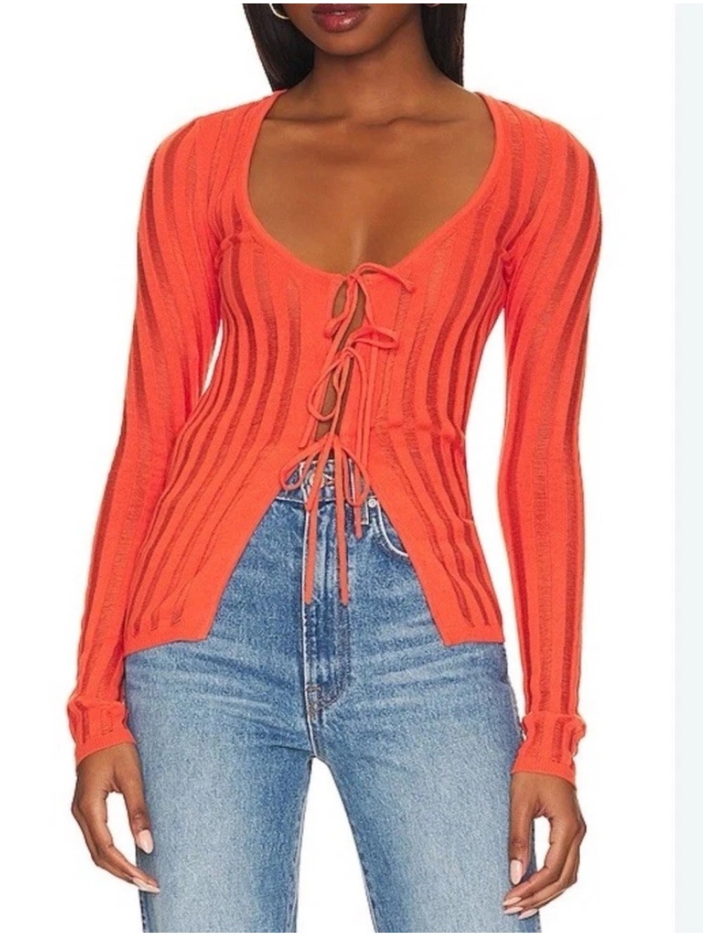h:ours Marissa Sheer Rib Cardi with Ties in Tangerine Size M Cotton